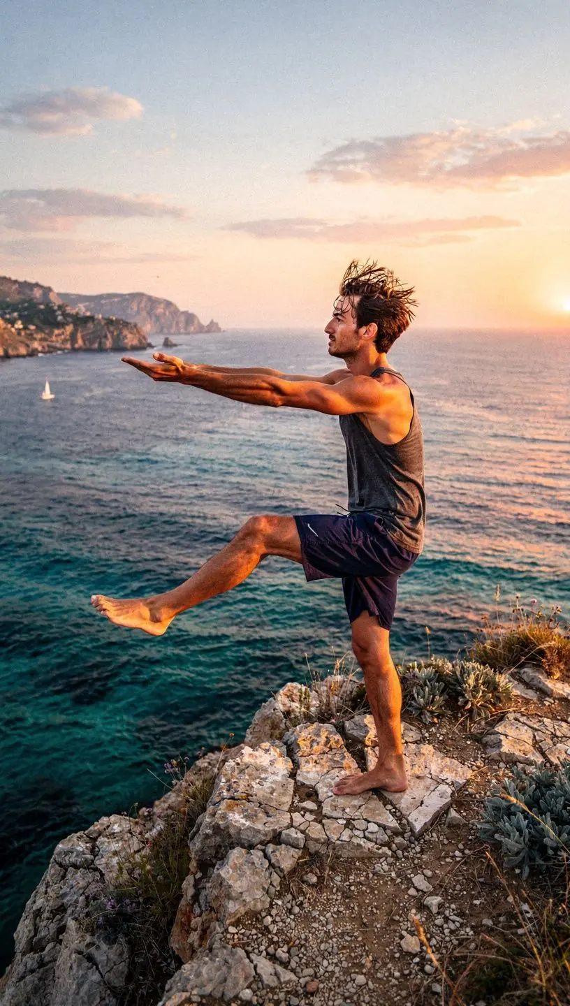 Μια γυναίκα εκτελεί μια στάση γιόγκα σε έναν καταπράσινο κήπο.