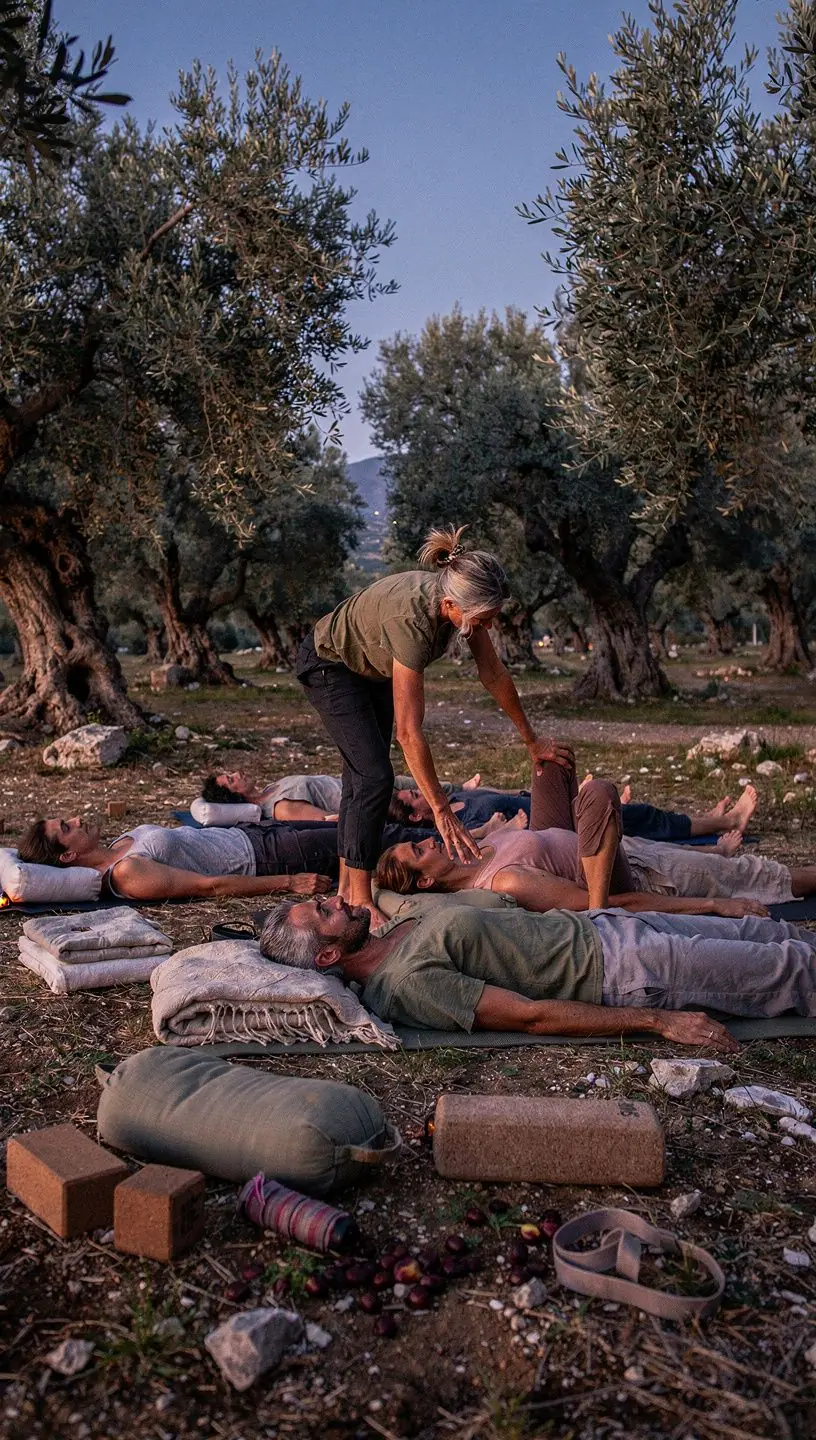 Ένας δάσκαλος γιόγκα καθοδηγεί τους μαθητές του σε παραδοσιακές στάσεις.