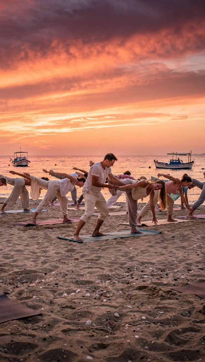 Μια συλλογή από γιόγκι που ασκούν αναπνευστικές τεχνικές σε φυσικό περιβάλλον.
