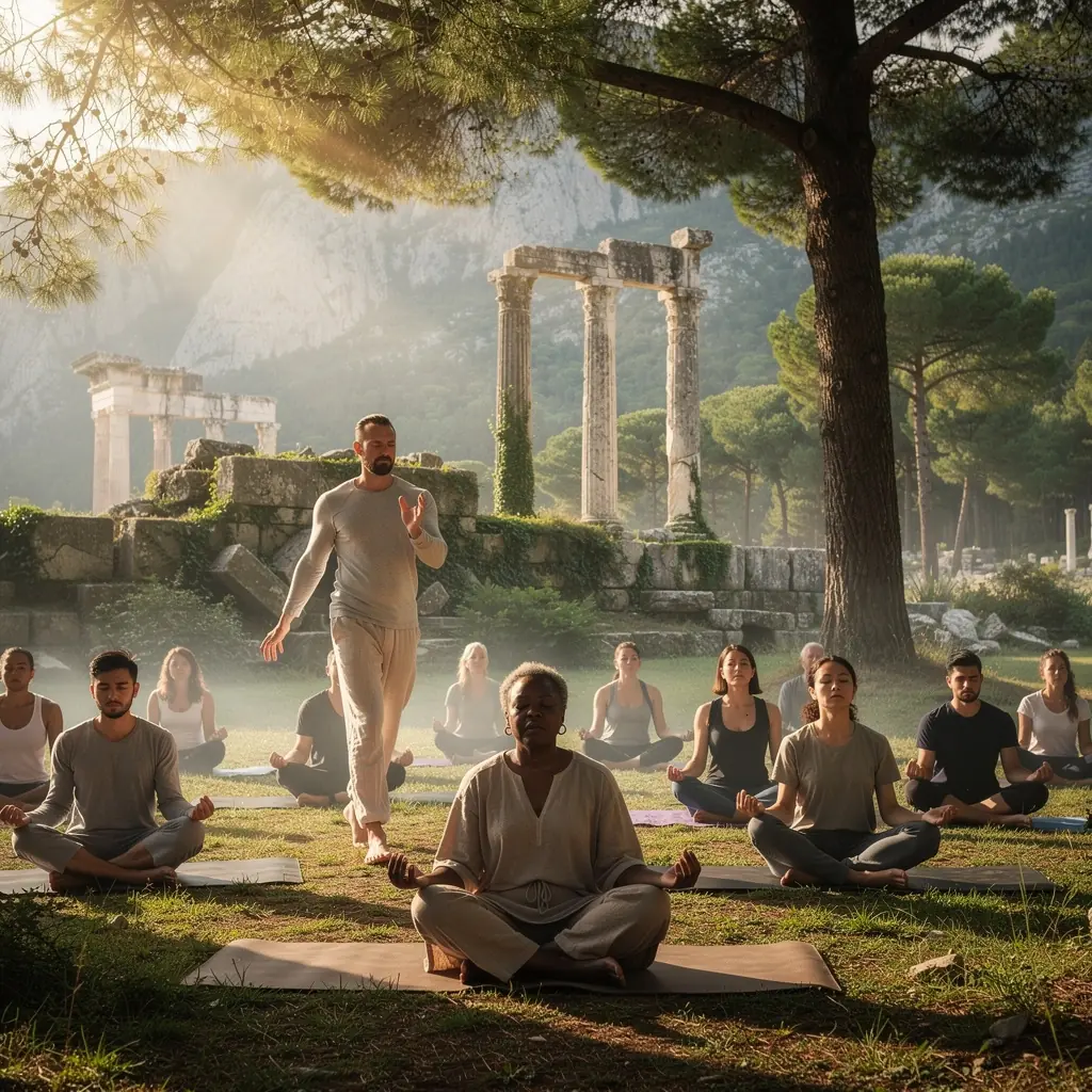 Χειροποίητες προμήθειες γιόγκα, όπως στρώματα και πέτρες, τοποθετημένες σε ένα ήρεμο στούντιο.