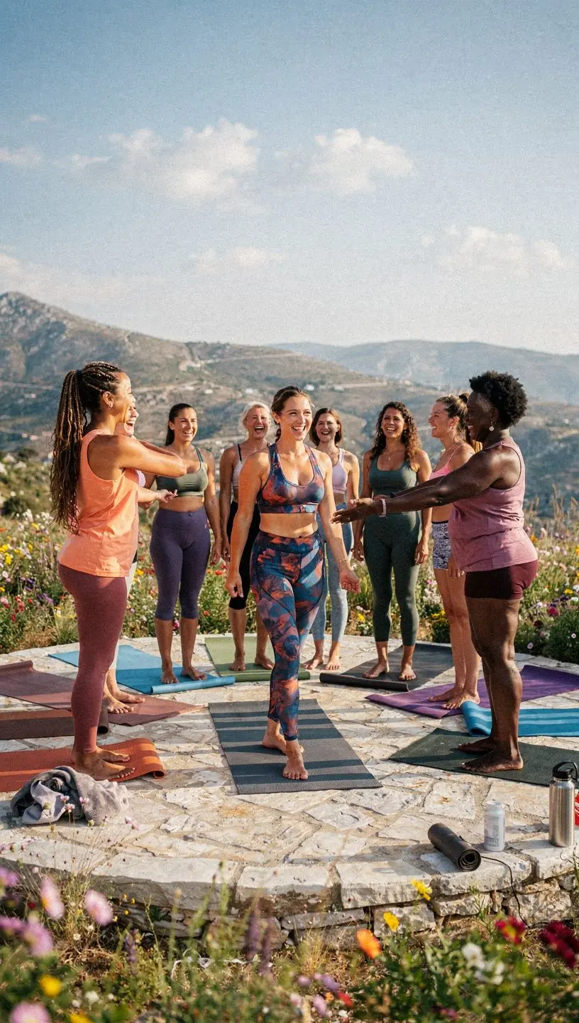 Μια ομάδα ατόμων ασκεί γιόγκα σε μια παραλιακή τοποθεσία στην Ελλάδα.
