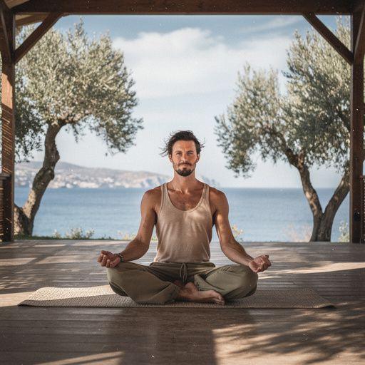 Μια ομάδα ατόμων που ασκούν γιόγκα σε φυσικό περιβάλλον δίπλα στη θάλασσα.